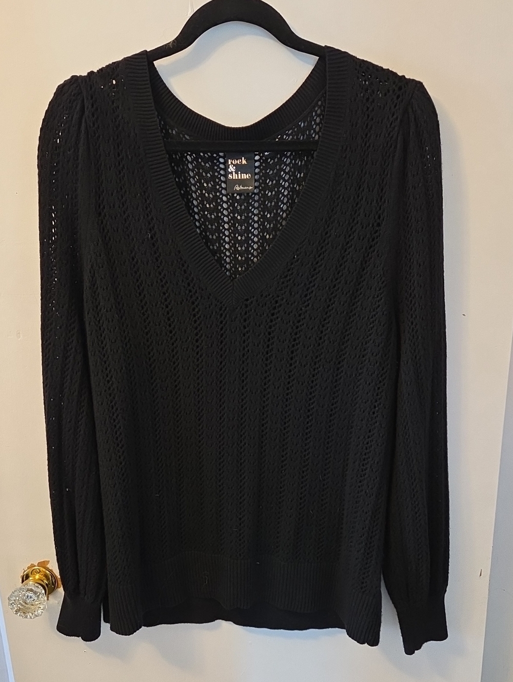 Black V-Neck Open Knit Sweater Top